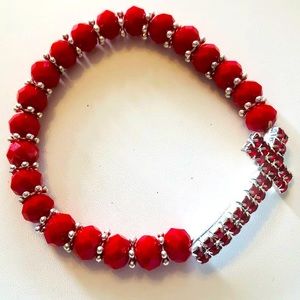 💜3/$30 Stretch Red Beaded Bracelet with Crystal Cross